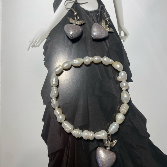 MADE IN MEXICOHeart Pearl Bracelet and Heart Earring Set